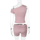 Solid Color Slash Shoulder Pleated Shorts Suit FL-YL25037MHO