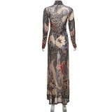 Half High Neck Print Long Sleeve High Split Long Tops DLSF-K24L62340