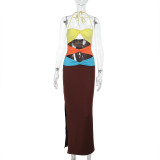 Color Block Wrap Chest Hollow Out Maxi Dress FL-JY25051PFO