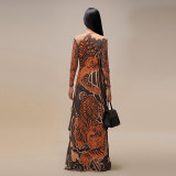 Print Mesh Long Sleeve Split Maxi Dress DLSF-K24L62342
