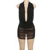 Deep V Neck Halterneck Backless Skirt Suit DLSF-K25S63877