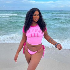 Letter Print T Shirt Tie Up Two Piece Swimsuit FL-HH25003MHO