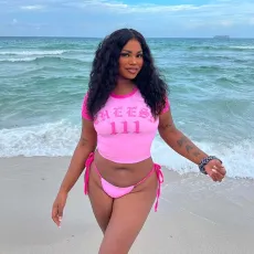 Letter Print T Shirt Tie Up Two Piece Swimsuit FL-HH25003MHO