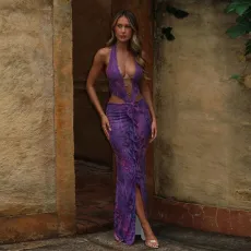 Sexy Halterneck Lace V Neck Split Maxi Dress DLSF-K25D62941