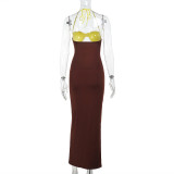 Color Block Wrap Chest Hollow Out Maxi Dress FL-JY25051PFO
