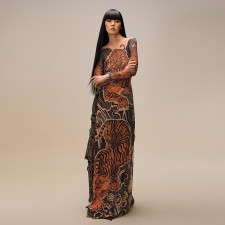 Print Mesh Long Sleeve Split Maxi Dress DLSF-K24L62342
