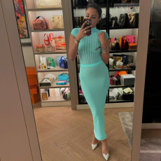 Short Sleeve Half High Neck Striped Skinny Skirt Suit DLSF-K24S64471