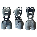 Wrap Strappy Denim Vest Shorts Set MEM-88637