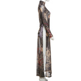 Half High Neck Print Long Sleeve High Split Long Tops DLSF-K24L62340