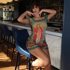 U Neck Print Short Sleeve Mini Dress DLSF-K24D64270