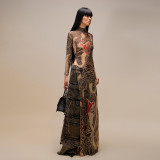 Half High Neck Print Long Sleeve High Split Long Tops DLSF-K24L62340