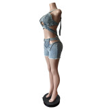 Wrap Strappy Denim Vest Shorts Set MEM-88637