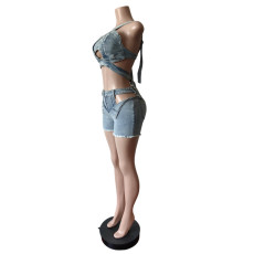 Wrap Strappy Denim Vest Shorts Set MEM-88637
