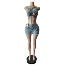 Wrap Strappy Denim Vest Shorts Set MEM-88637