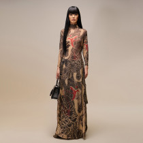 Half High Neck Print Long Sleeve High Split Long Tops DLSF-K24L62340