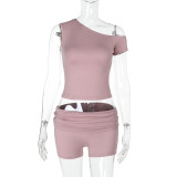 Solid Color Slash Shoulder Pleated Shorts Suit FL-YL25037MHO