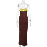 Color Block Wrap Chest Hollow Out Maxi Dress FL-JY25051PFO