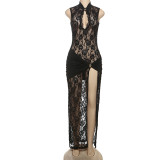 Hollow Out Lace High Split Maxi Dress DLSF-K24D61219