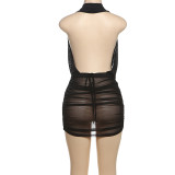 Deep V Neck Halterneck Backless Skirt Suit DLSF-K25S63877