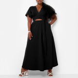 Plus Size Solid Color Flare Sleeve Split Skirt 2 Piece Set  NNWF-8078