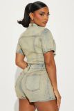 Wash Denim Short Sleeve Romper LX-6049