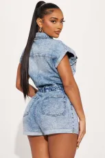 Fashion Denim Short Sleeve Wash Romper LX-6047