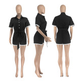 Casual Lace Lapel Tie Romper  DDF-88241