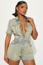 Wash Denim Short Sleeve Romper LX-6049