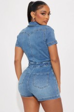 Short Sleeve Single-breasted Washed Denim Romper LX-6043