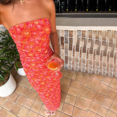 Shrunken Pleated Mesh Printed Tube Tops Dress FL-JY25011PFO