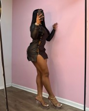 Sexy Diamond Encrusted Leather  Mini Dress GDYF-6808