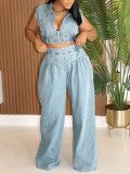 Fashion Denim Sleeveless Tops Loose Pant Suit AIL-314