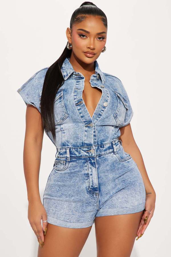 Fashion Denim Short Sleeve Wash Romper LX-6047