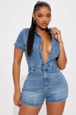 Short Sleeve Single-breasted Washed Denim Romper LX-6043