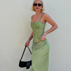 Sexy Lace Patchwork Sling Slim Maxi Dress FL-JY25029DGO