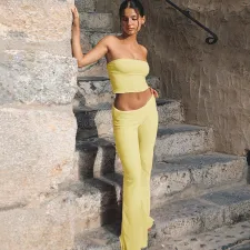 Solid Color Wrap Chest Tops Pants 2 Piece Set FL-YJ25014DGO