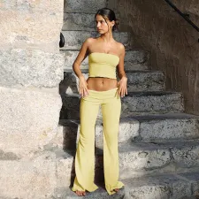 Solid Color Wrap Chest Tops Pants 2 Piece Set FL-YJ25014DGO