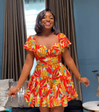 Plus Size Printed Waisted Press Pleated Fly Sleeve Romper NY-11039