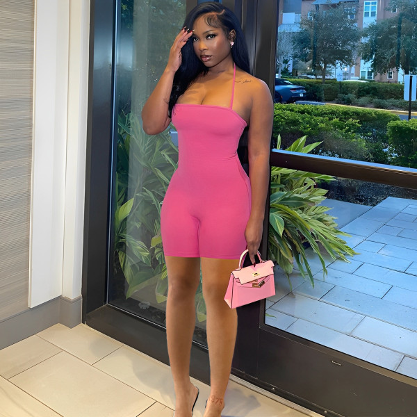 Solid Color Backless Halterneck Romper LM-8432