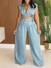 Fashion Denim Sleeveless Tops Loose Pant Suit AIL-314