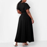 Plus Size Solid Color Flare Sleeve Split Skirt 2 Piece Set  NNWF-8078