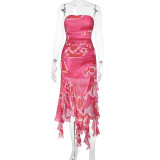 Tube Tops Mesh Printed Ruffle Flutter Split Midi Dress FL-YJ24683PFO