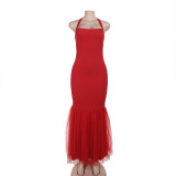 Halterneck Backless Fishtail Patchwork Gown Dress FL-YJ25066MHO