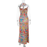 Colorful Print Halterneck Split Maxi Dress FL-XY25038PFO