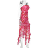 Tube Tops Mesh Printed Ruffle Flutter Split Midi Dress FL-YJ24683PFO