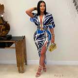 Print V Neck Short Sleeve Split Maxi Dress GDIM-2513