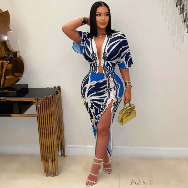 Print V Neck Short Sleeve Split Maxi Dress GDIM-2513