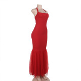 Halterneck Backless Fishtail Patchwork Gown Dress FL-YJ25066MHO