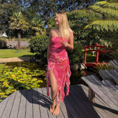 Tube Tops Mesh Printed Ruffle Flutter Split Midi Dress FL-YJ24683PFO