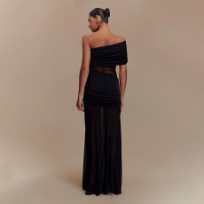 Mesh Patchwork Single Shoulder Maxi Dress FL-JY25043DGO